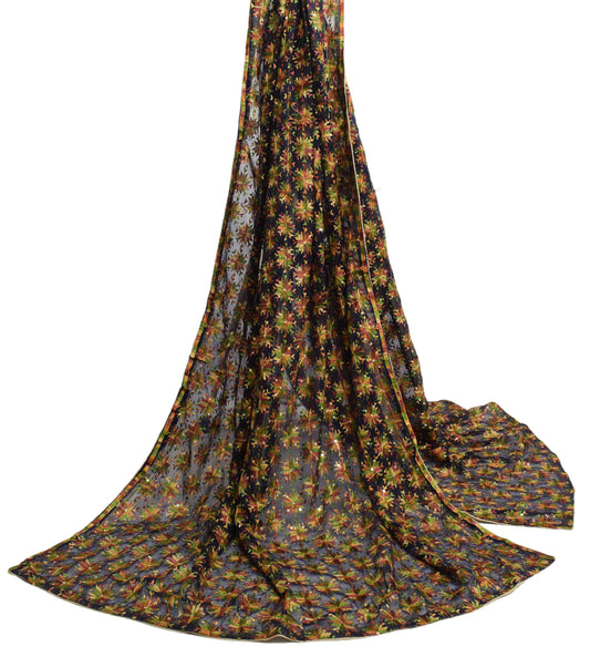 Sushila Vintage Deep Blue Dupatta Chiffon Silk Phulkari Embroidered Long Stole
