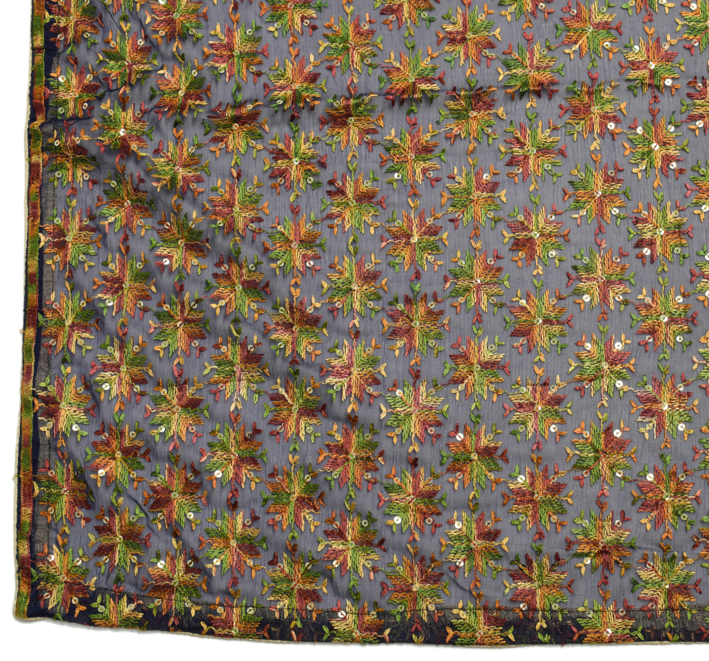 Sushila Vintage Deep Blue Dupatta Chiffon Silk Phulkari Embroidered Long Stole