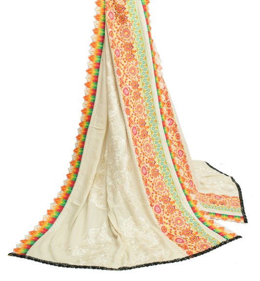 Sushila Vintage Cream Dupatta 100% Pure Cotton Embroidered Floral Long Stole