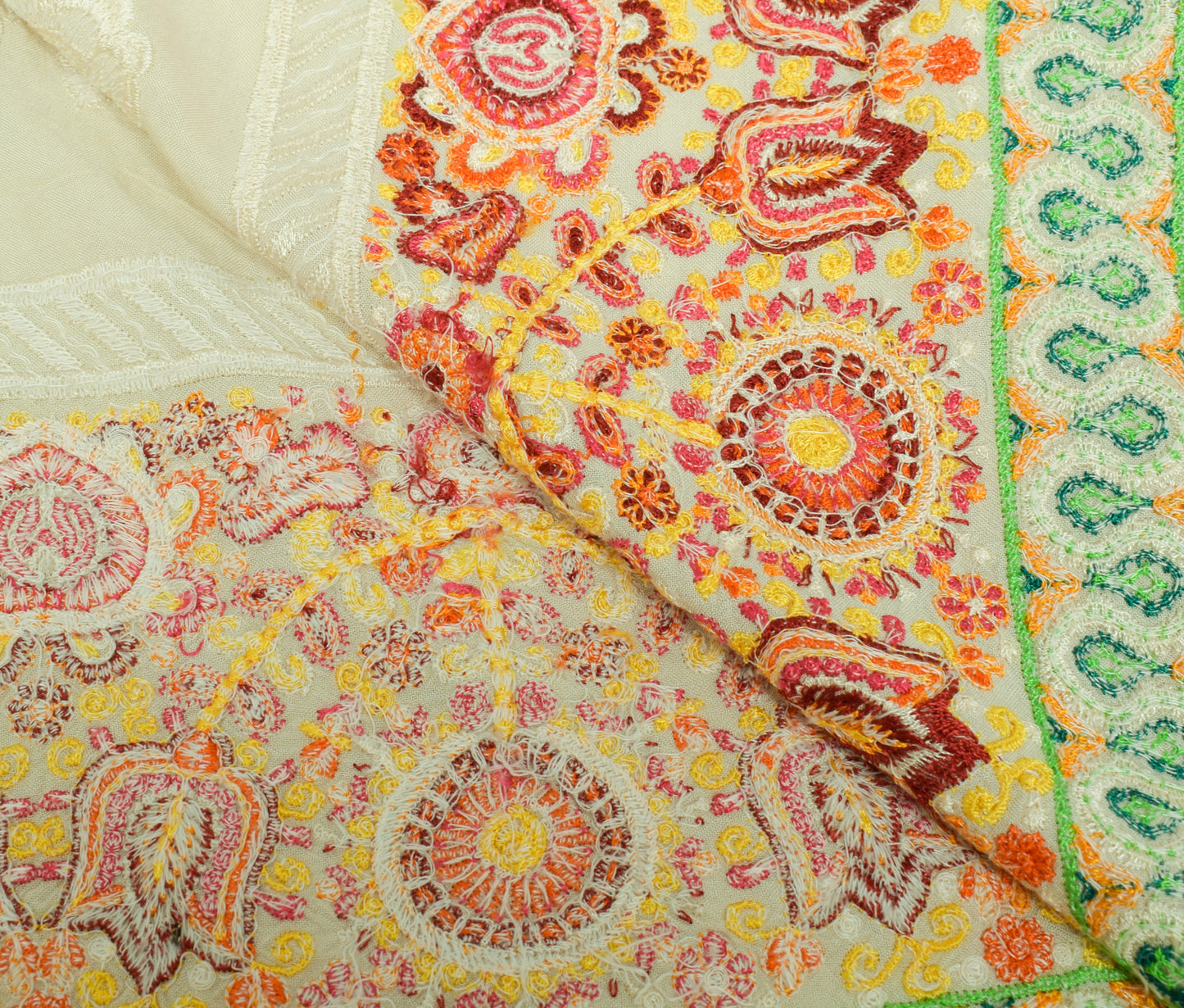 Sushila Vintage Cream Dupatta 100% Pure Cotton Embroidered Floral Long Stole