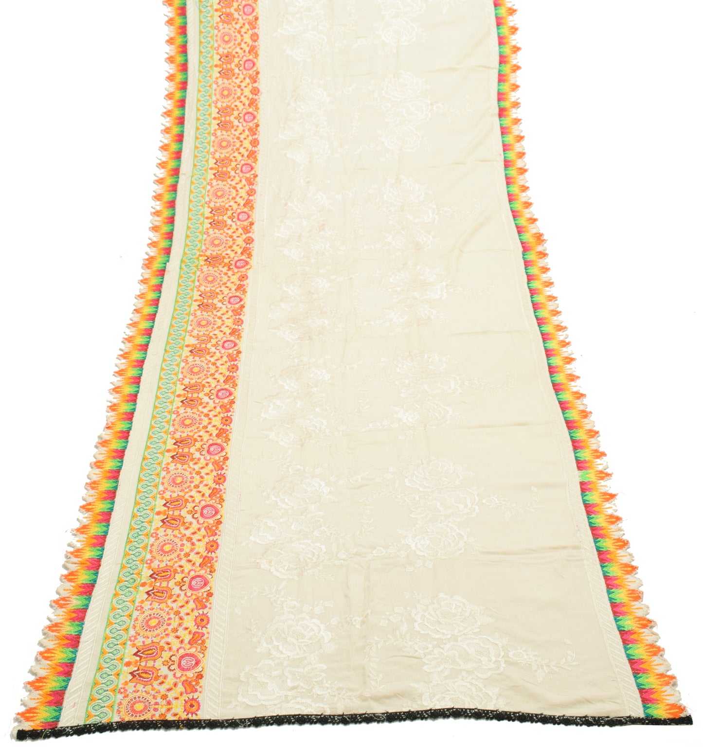 Sushila Vintage Cream Dupatta 100% Pure Cotton Embroidered Floral Long Stole