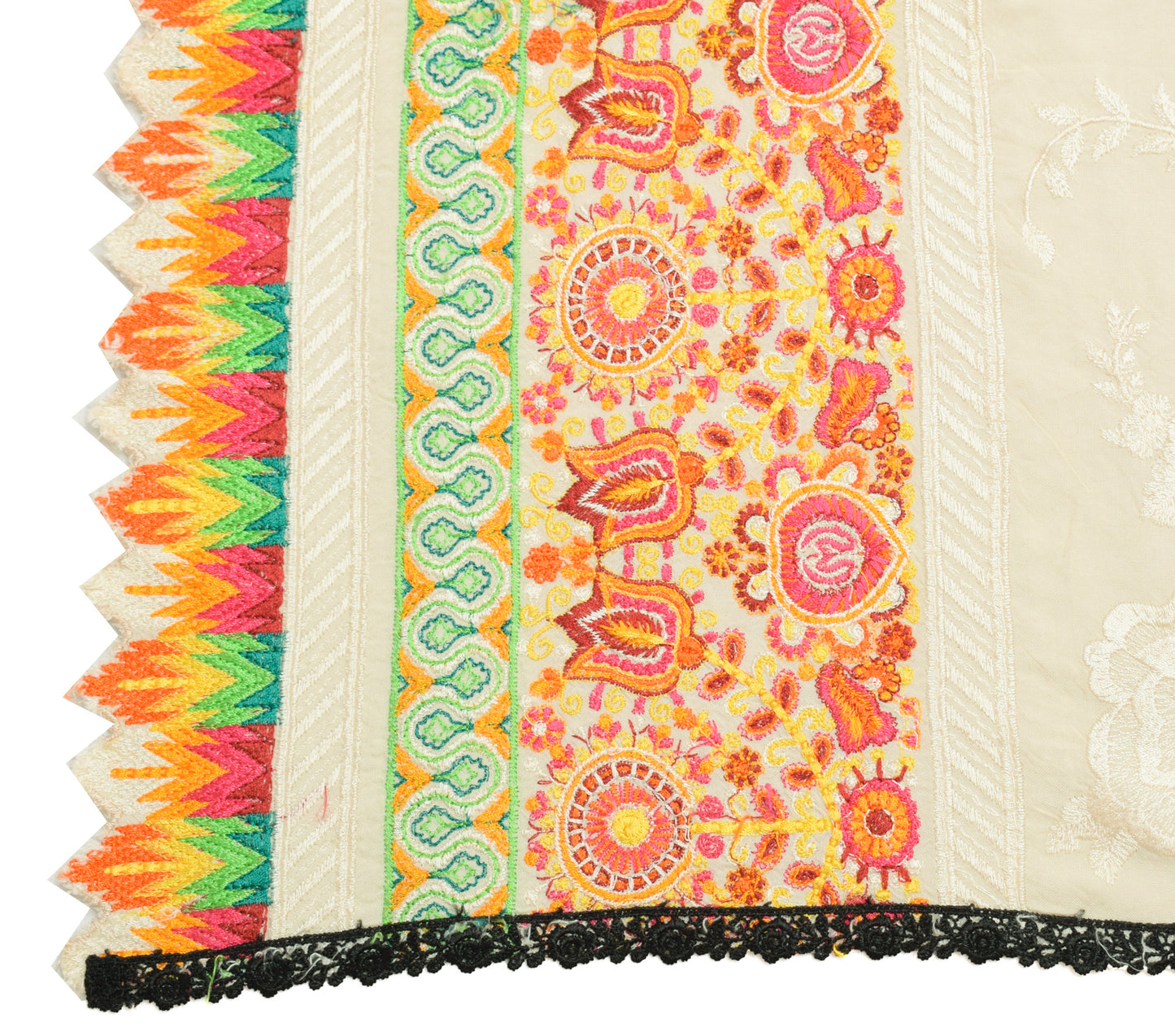 Sushila Vintage Cream Dupatta 100% Pure Cotton Embroidered Floral Long Stole