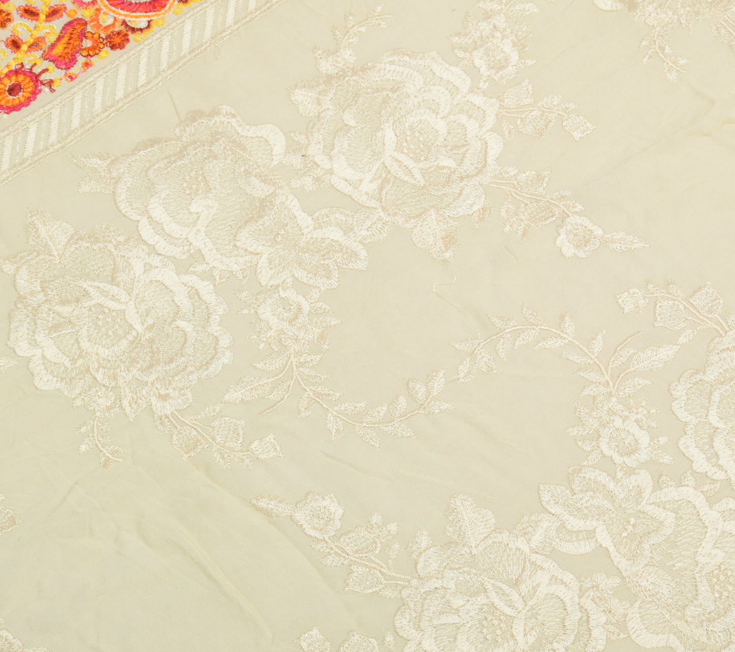 Sushila Vintage Cream Dupatta 100% Pure Cotton Embroidered Floral Long Stole