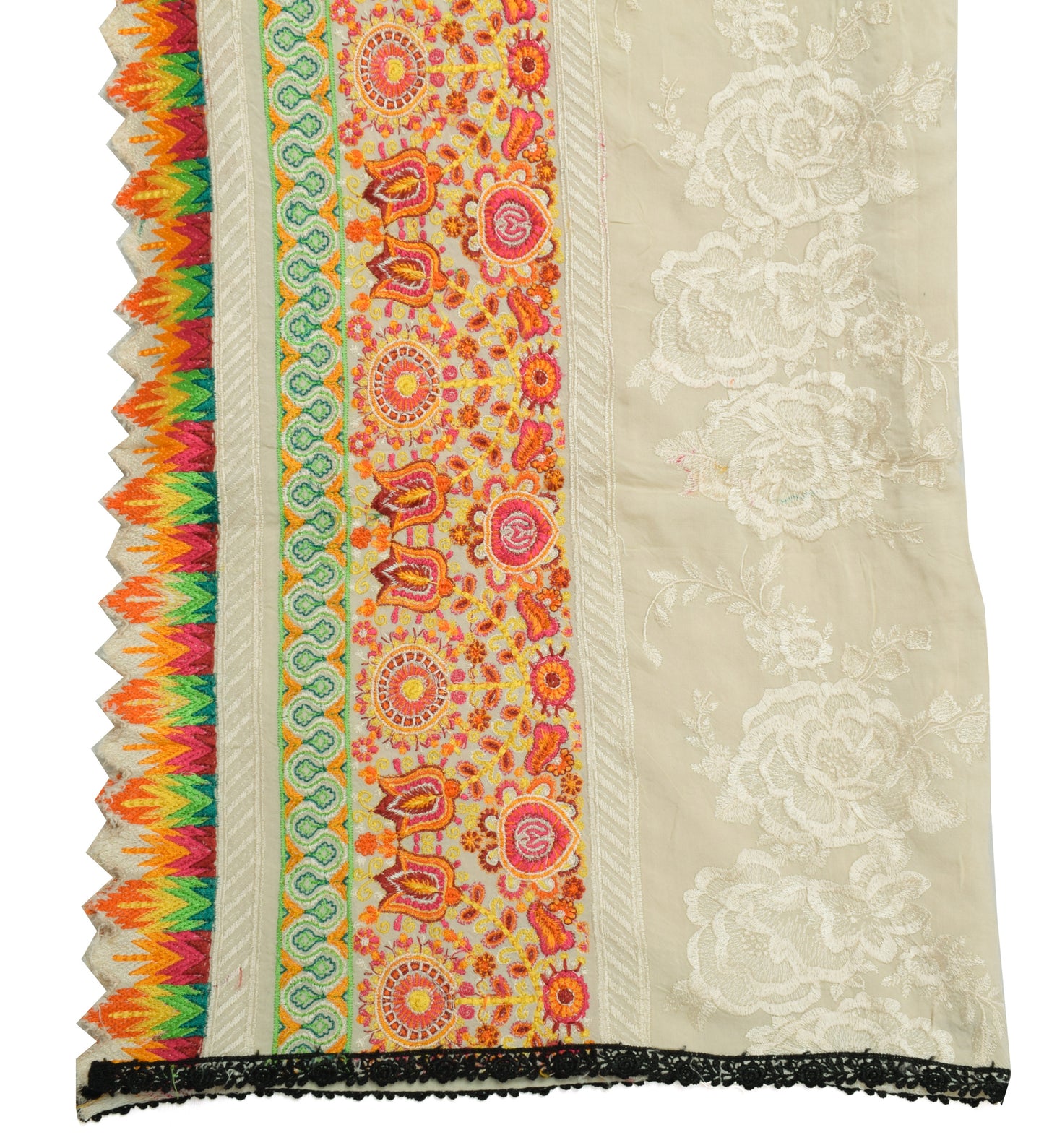 Sushila Vintage Cream Dupatta 100% Pure Cotton Embroidered Floral Long Stole