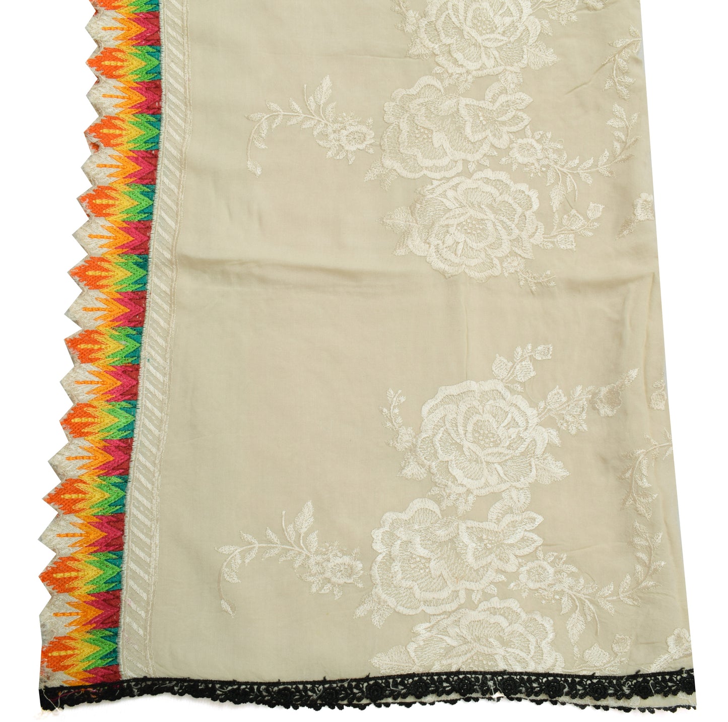Sushila Vintage Cream Dupatta 100% Pure Cotton Embroidered Floral Long Stole