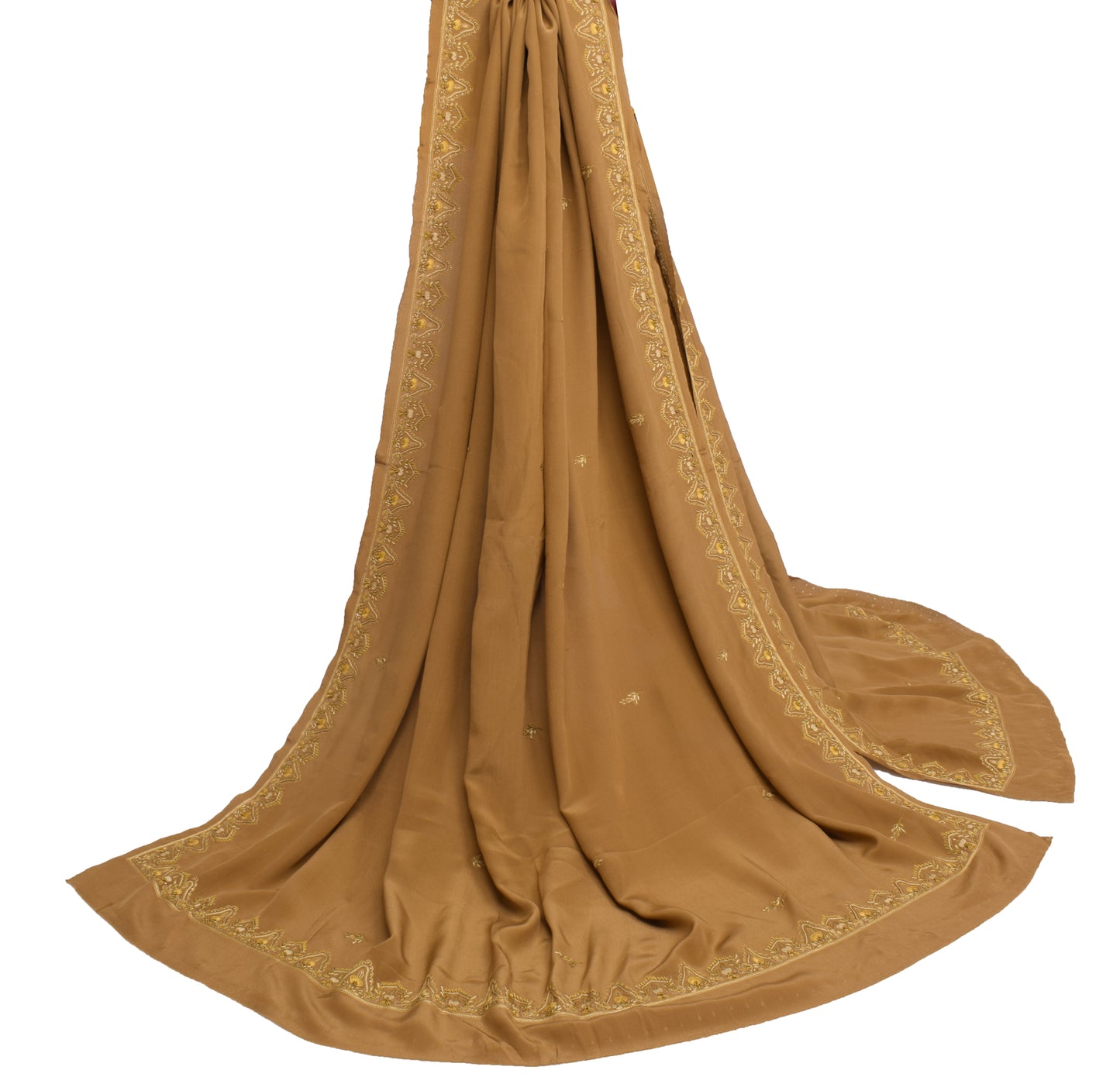 Sushila Vintage Brown Dupatta 100% Pure Crepe Silk Hand Beaded Floral Long Stole