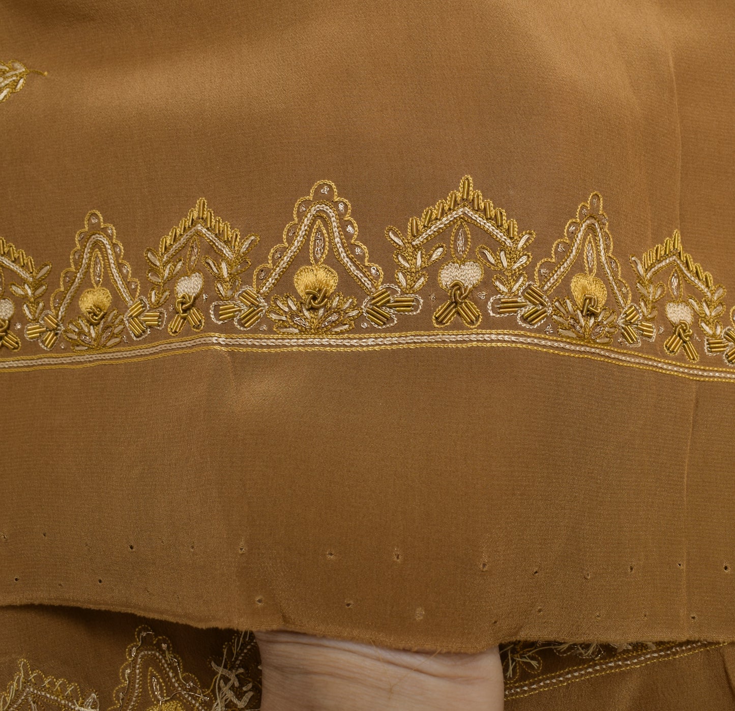 Sushila Vintage Brown Dupatta 100% Pure Crepe Silk Hand Beaded Floral Long Stole