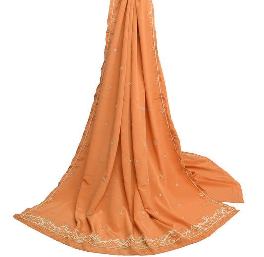 Sushila Vintage Dark Peach Dupatta Bend Crepe Silk hand Beaded Floral Long Stole