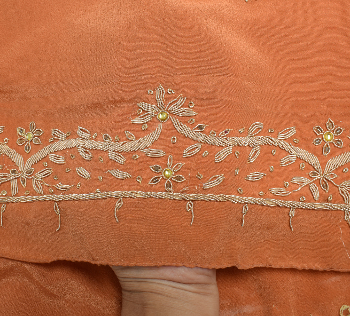 Sushila Vintage Dark Peach Dupatta Bend Crepe Silk hand Beaded Floral Long Stole