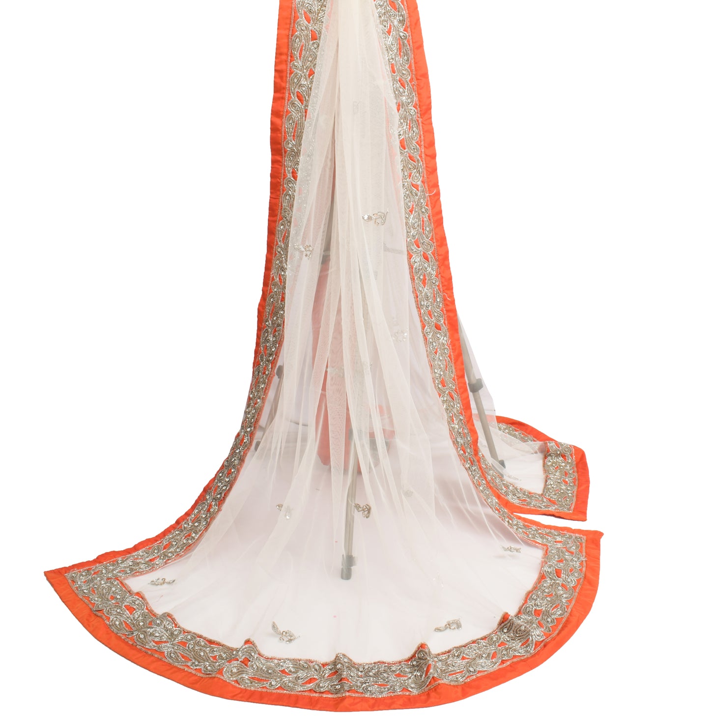 Sushila Vintage White Indian Dupatta Net Mesh Hand Beaded Floral Long Stole Wrap