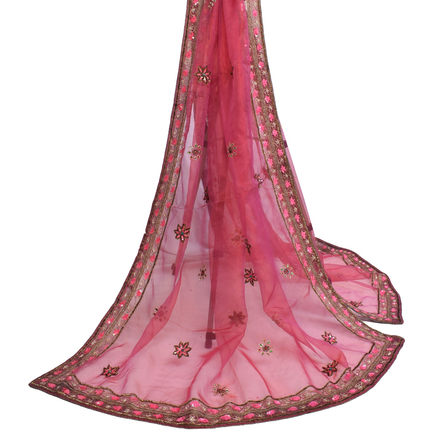 Sushila Vintage Dupatta Blend Tissue Silk Hand Beaded Floral Long Stole Scarves
