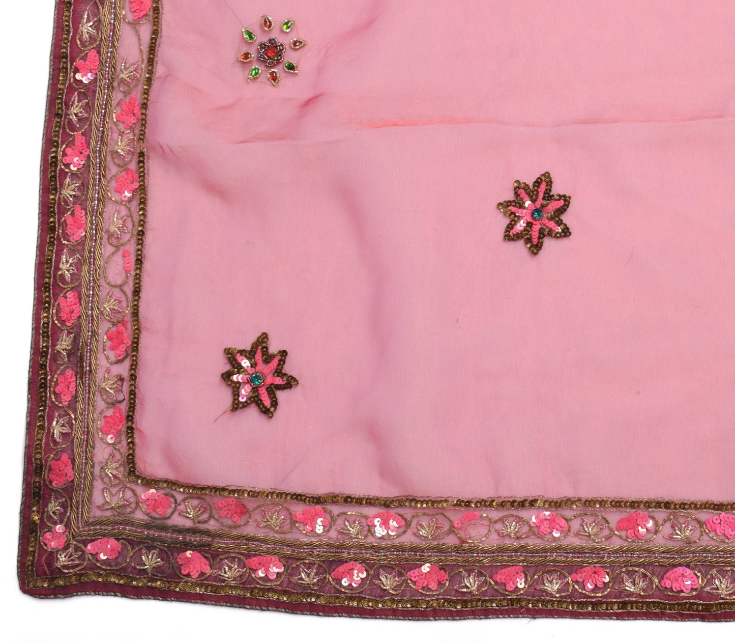 Sushila Vintage Dupatta Blend Tissue Silk Hand Beaded Floral Long Stole Scarves