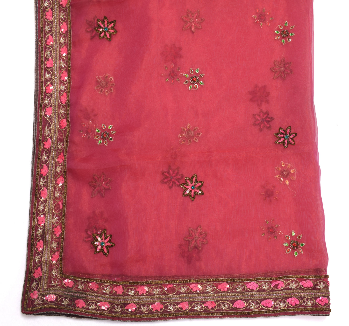 Sushila Vintage Dupatta Blend Tissue Silk Hand Beaded Floral Long Stole Scarves