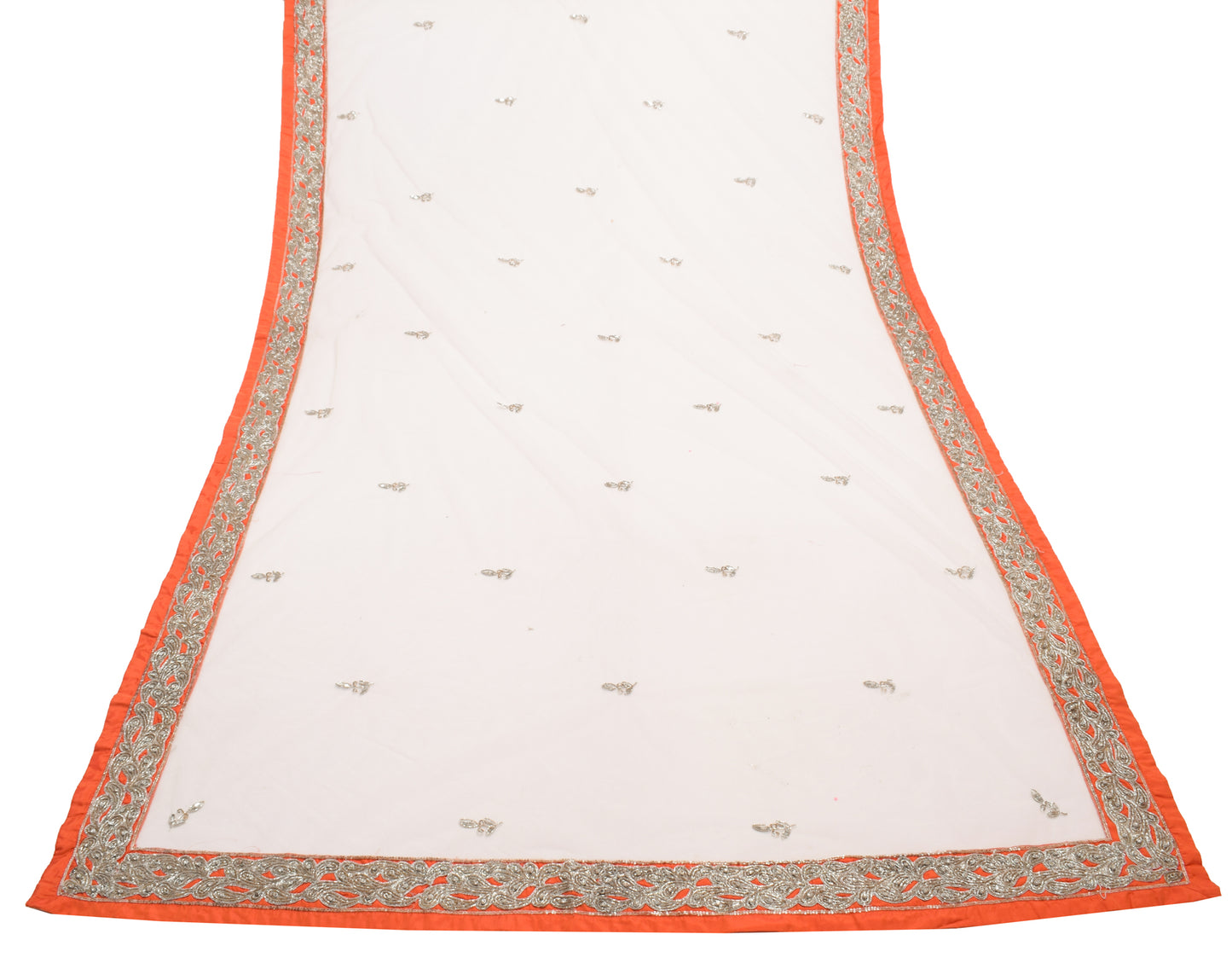 Sushila Vintage White Indian Dupatta Net Mesh Hand Beaded Floral Long Stole Wrap