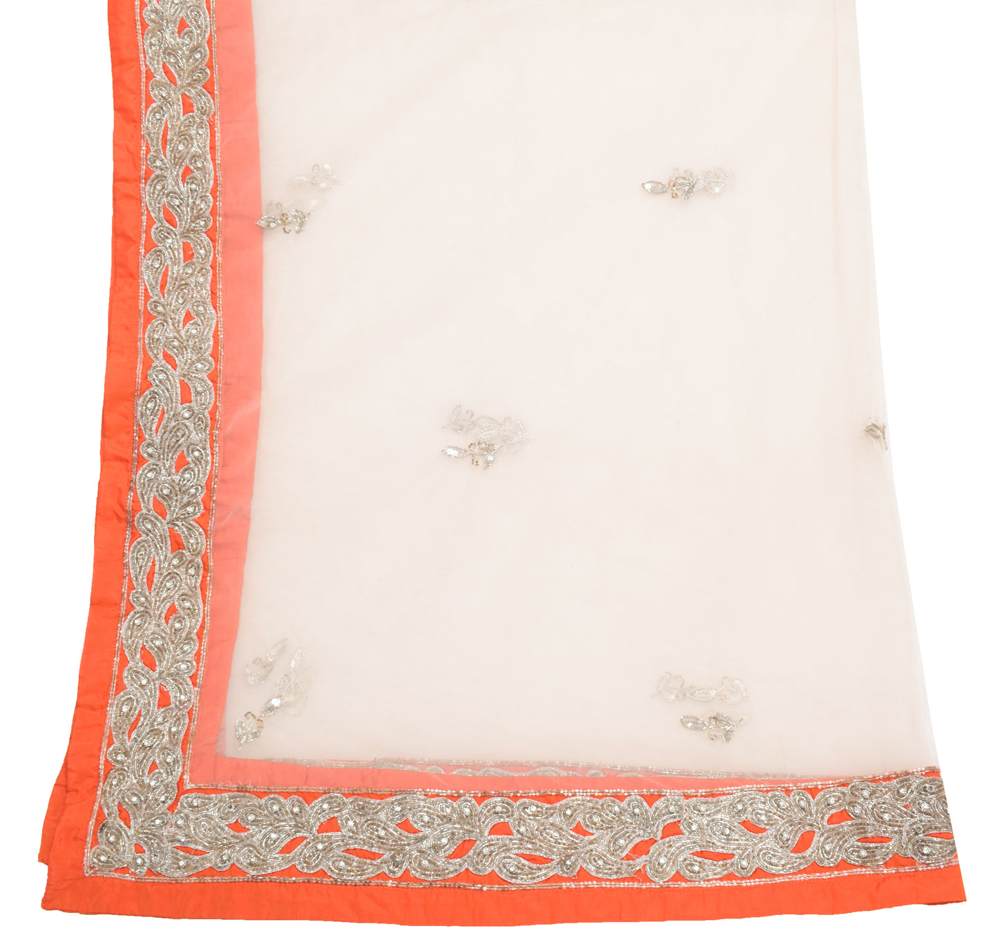Sushila Vintage White Indian Dupatta Net Mesh Hand Beaded Floral Long Stole Wrap
