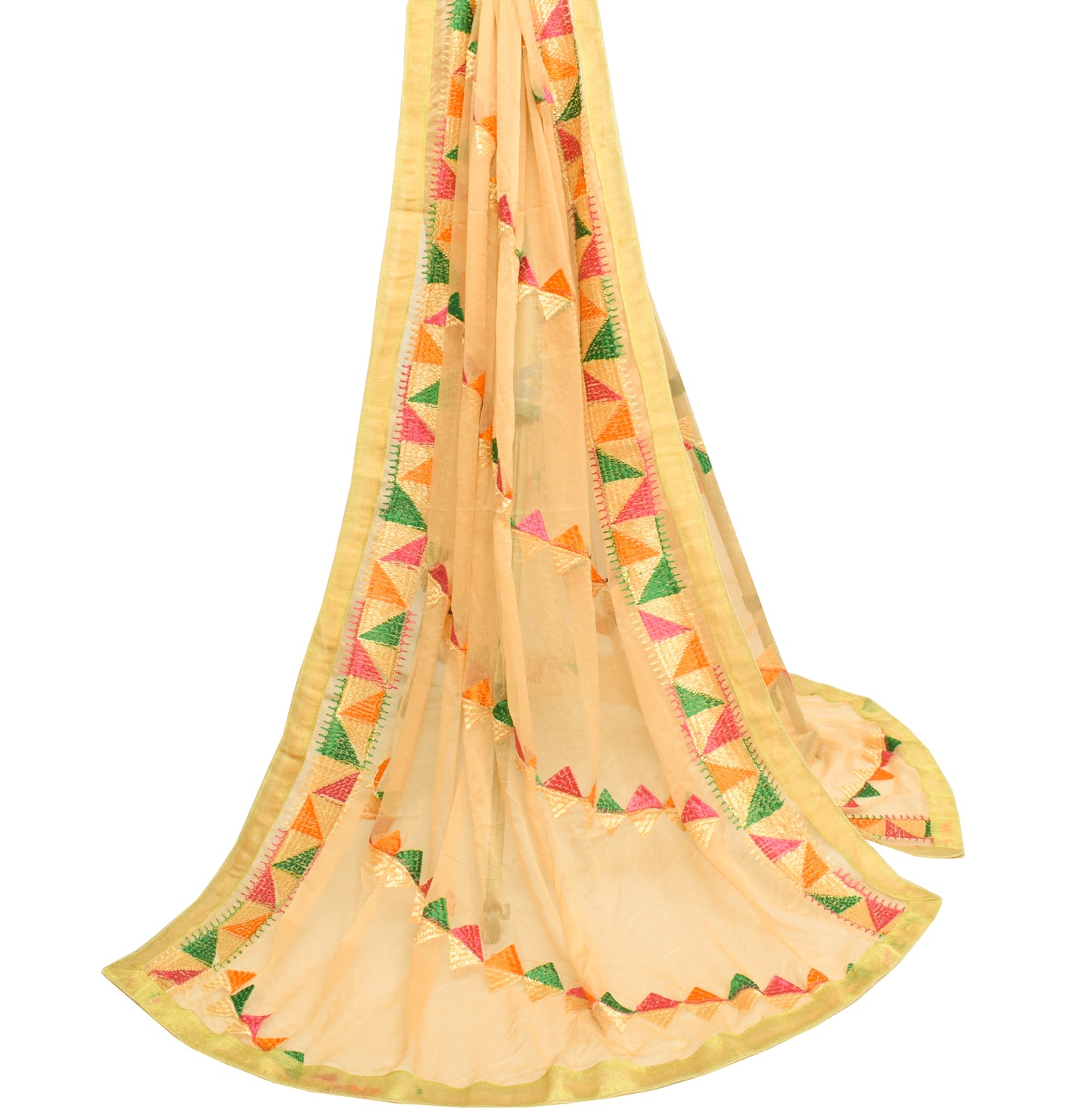 Sushila Vintage Beige Dupatta Blend Chiffon Silk Phulkari Embroidered Long Stole