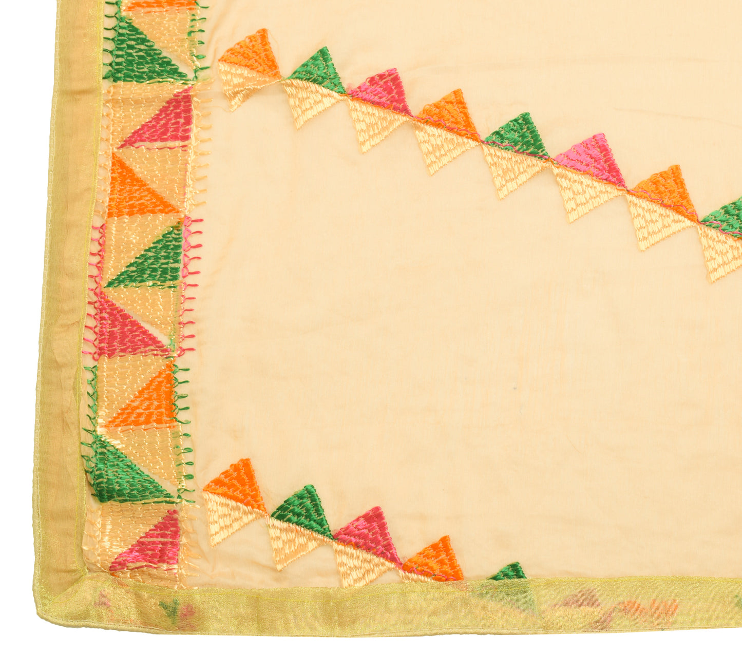 Sushila Vintage Beige Dupatta Blend Chiffon Silk Phulkari Embroidered Long Stole
