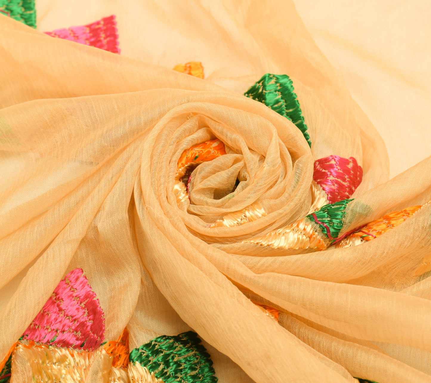 Sushila Vintage Beige Dupatta Blend Chiffon Silk Phulkari Embroidered Long Stole