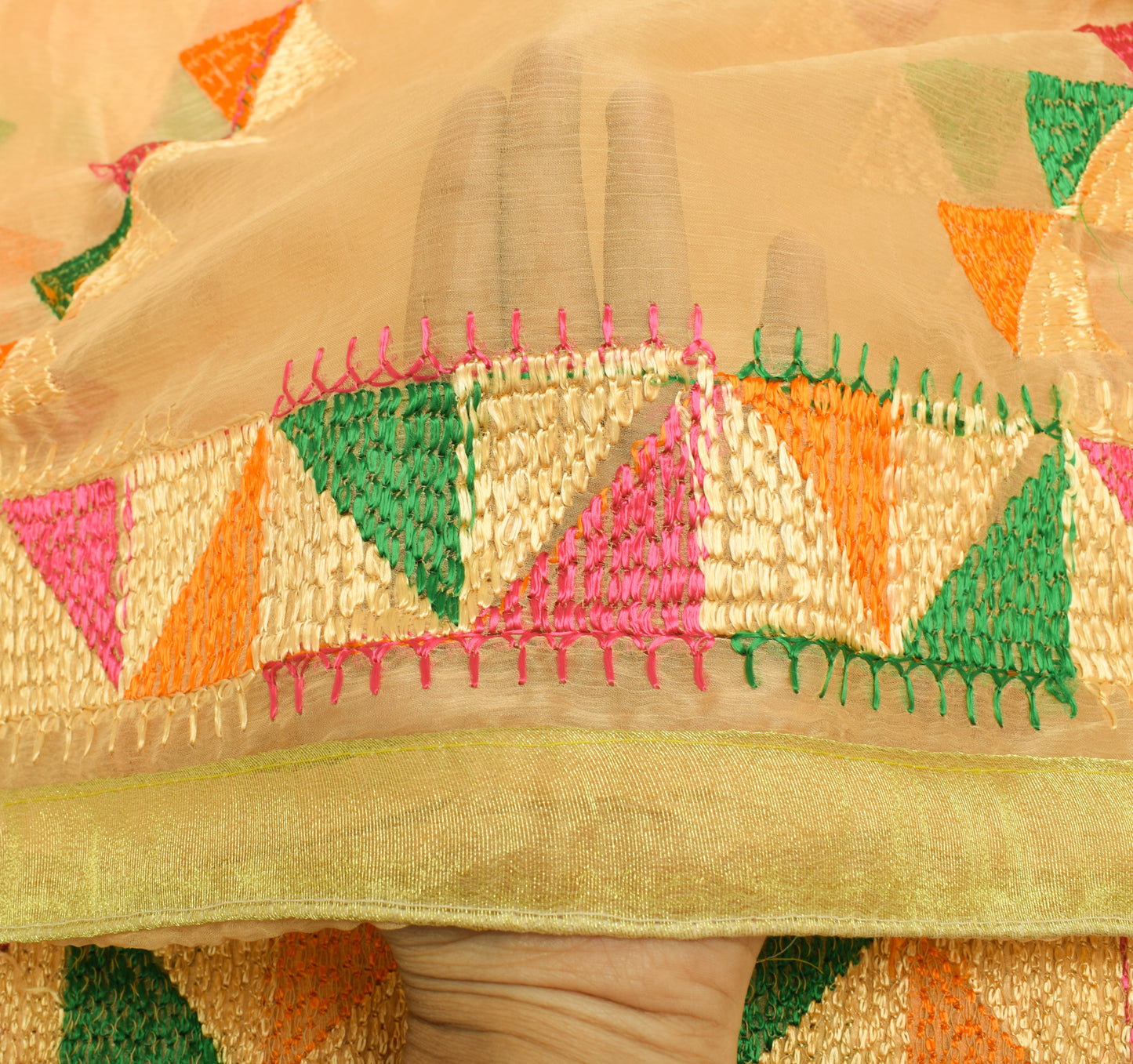 Sushila Vintage Beige Dupatta Blend Chiffon Silk Phulkari Embroidered Long Stole