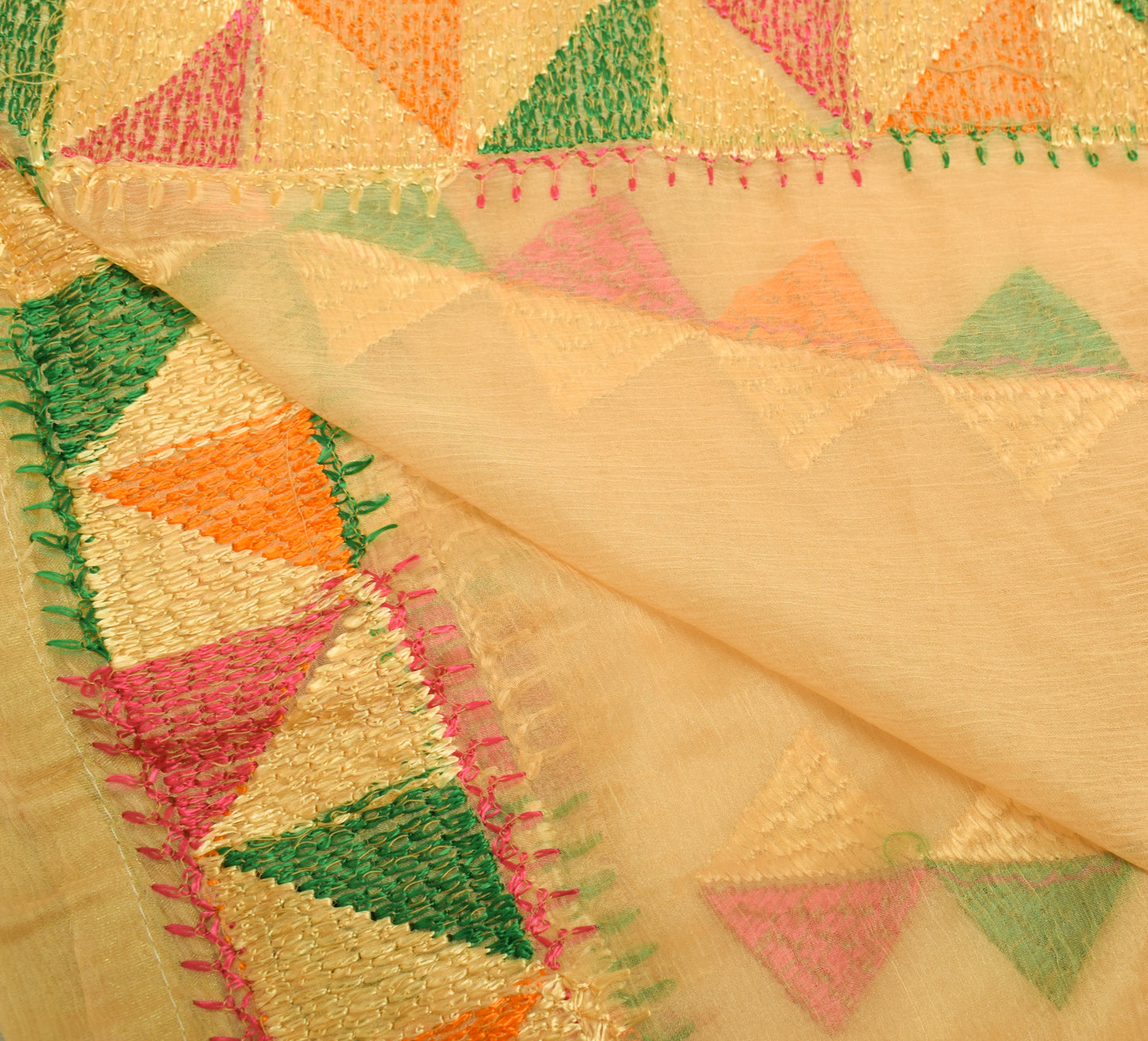 Sushila Vintage Beige Dupatta Blend Chiffon Silk Phulkari Embroidered Long Stole