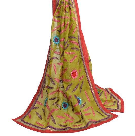 Sushila Vintage Green Dupatta Art Silk Floral Hand Embroidered Long Stole Veil