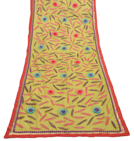 Sushila Vintage Green Dupatta Art Silk Floral Hand Embroidered Long Stole Veil