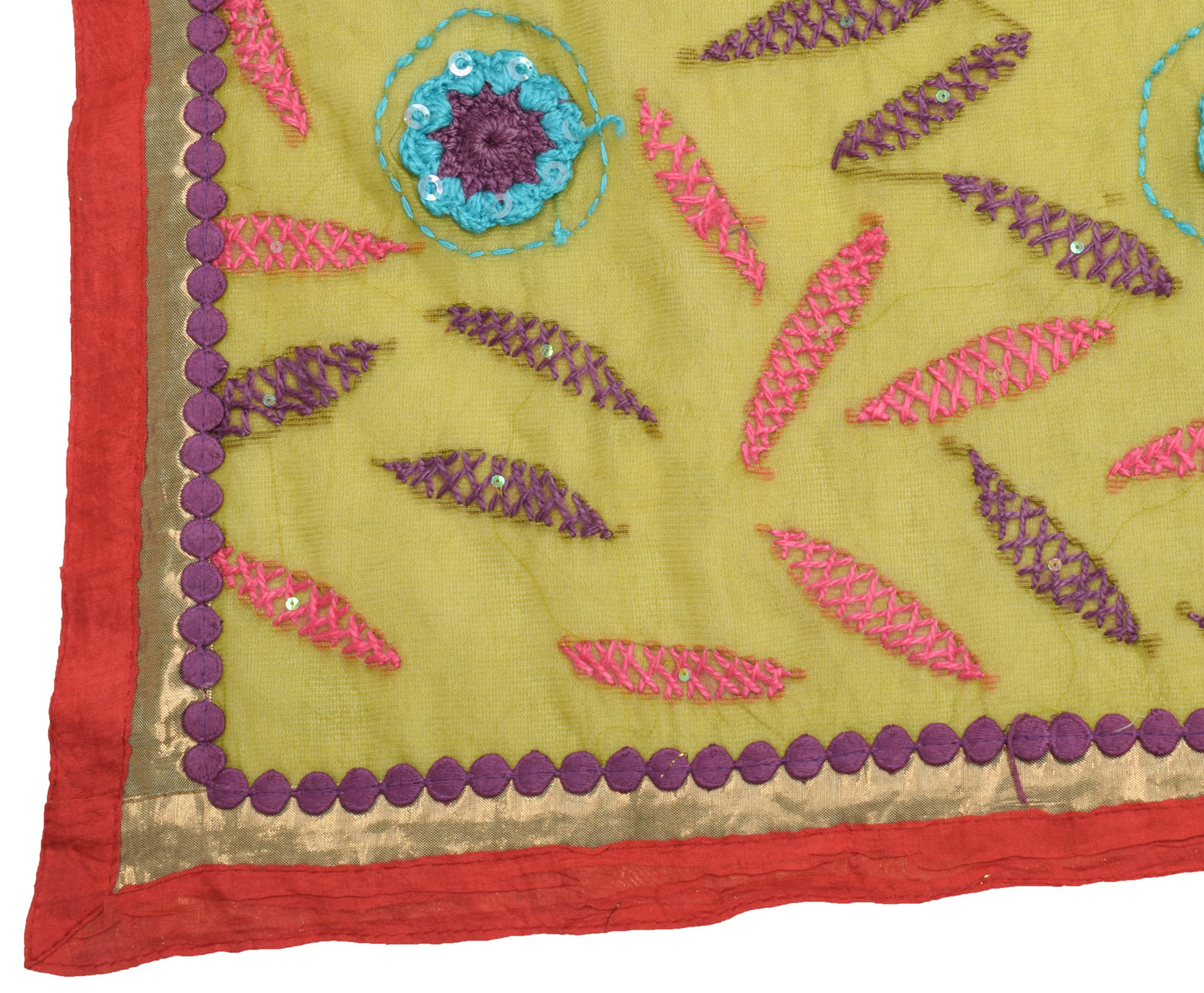 Sushila Vintage Green Dupatta Art Silk Floral Hand Embroidered Long Stole Veil