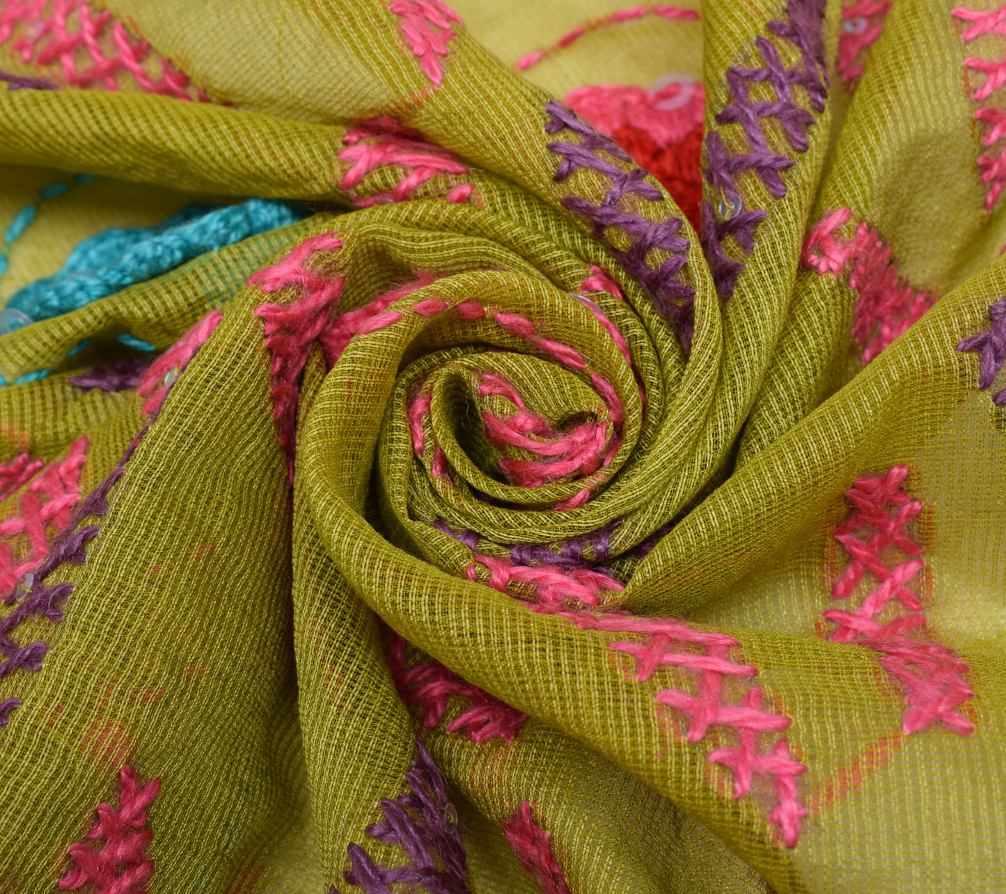 Sushila Vintage Green Dupatta Art Silk Floral Hand Embroidered Long Stole Veil