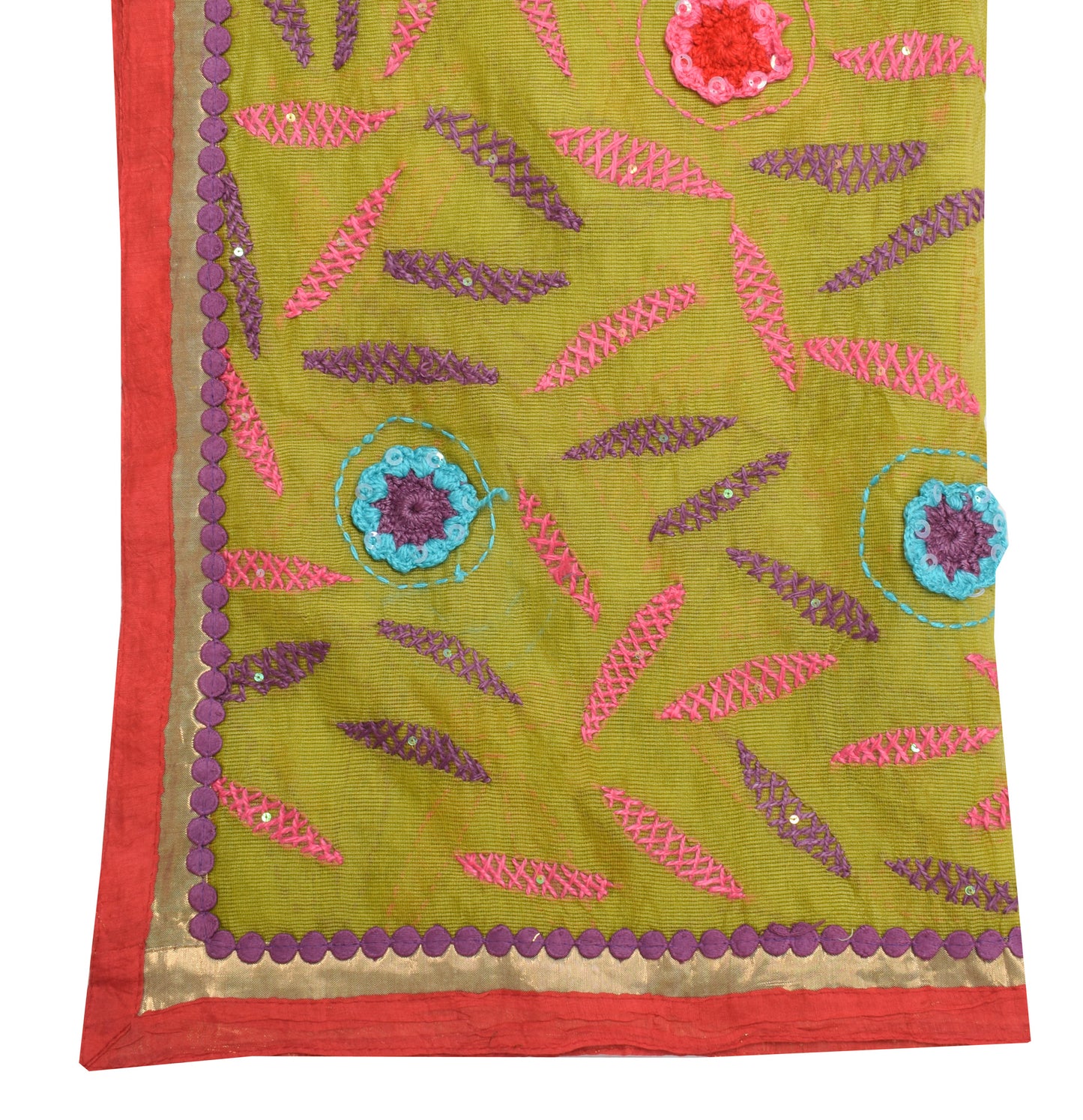 Sushila Vintage Green Dupatta Art Silk Floral Hand Embroidered Long Stole Veil