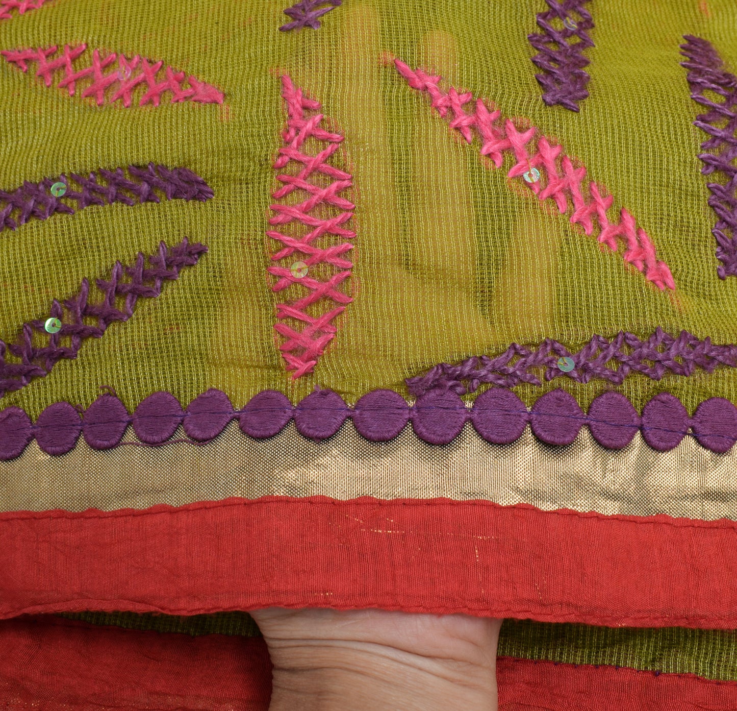 Sushila Vintage Green Dupatta Art Silk Floral Hand Embroidered Long Stole Veil