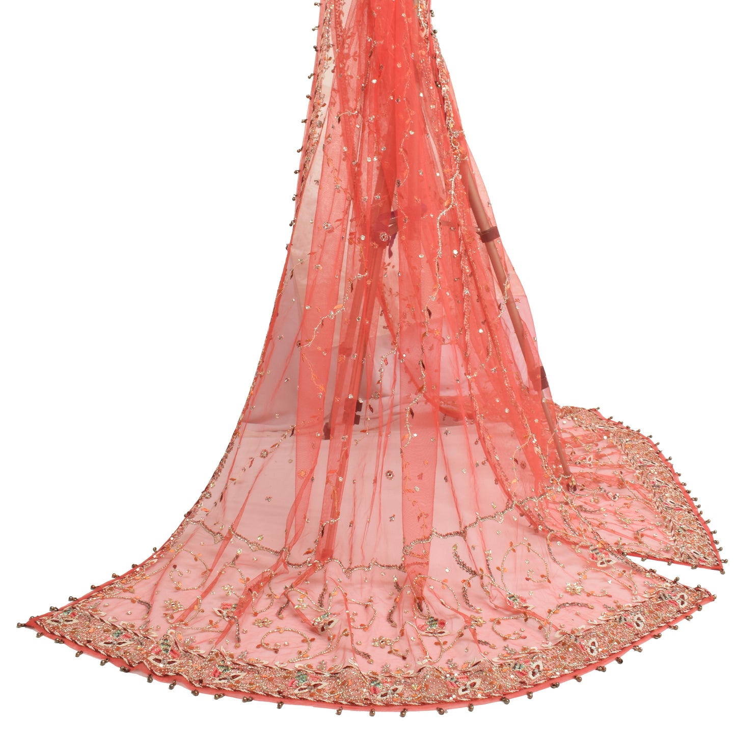 Sushila Vintage Orange Dupatta Net Mesh Hand Beaded Floral Long Stole Scarves