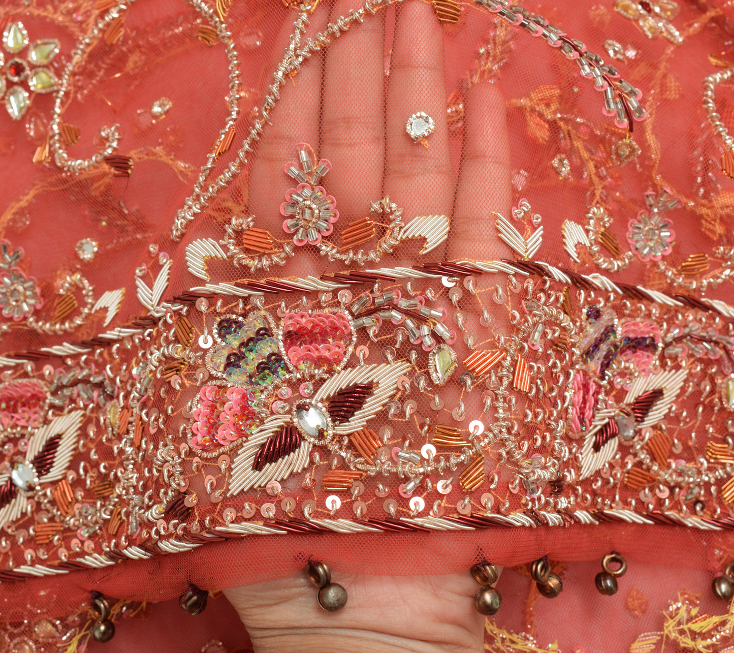 Sushila Vintage Orange Dupatta Net Mesh Hand Beaded Floral Long Stole Scarves