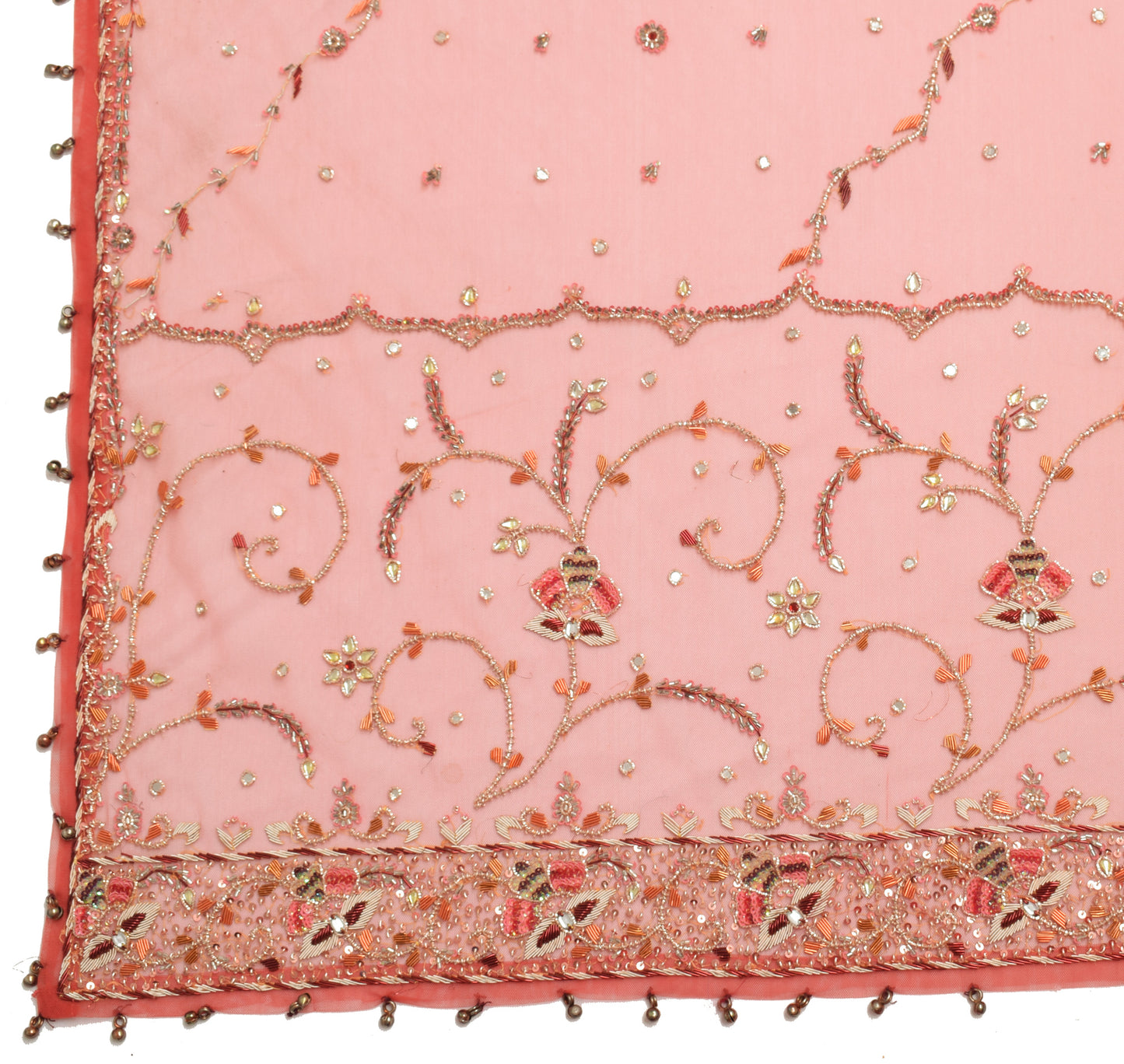 Sushila Vintage Orange Dupatta Net Mesh Hand Beaded Floral Long Stole Scarves