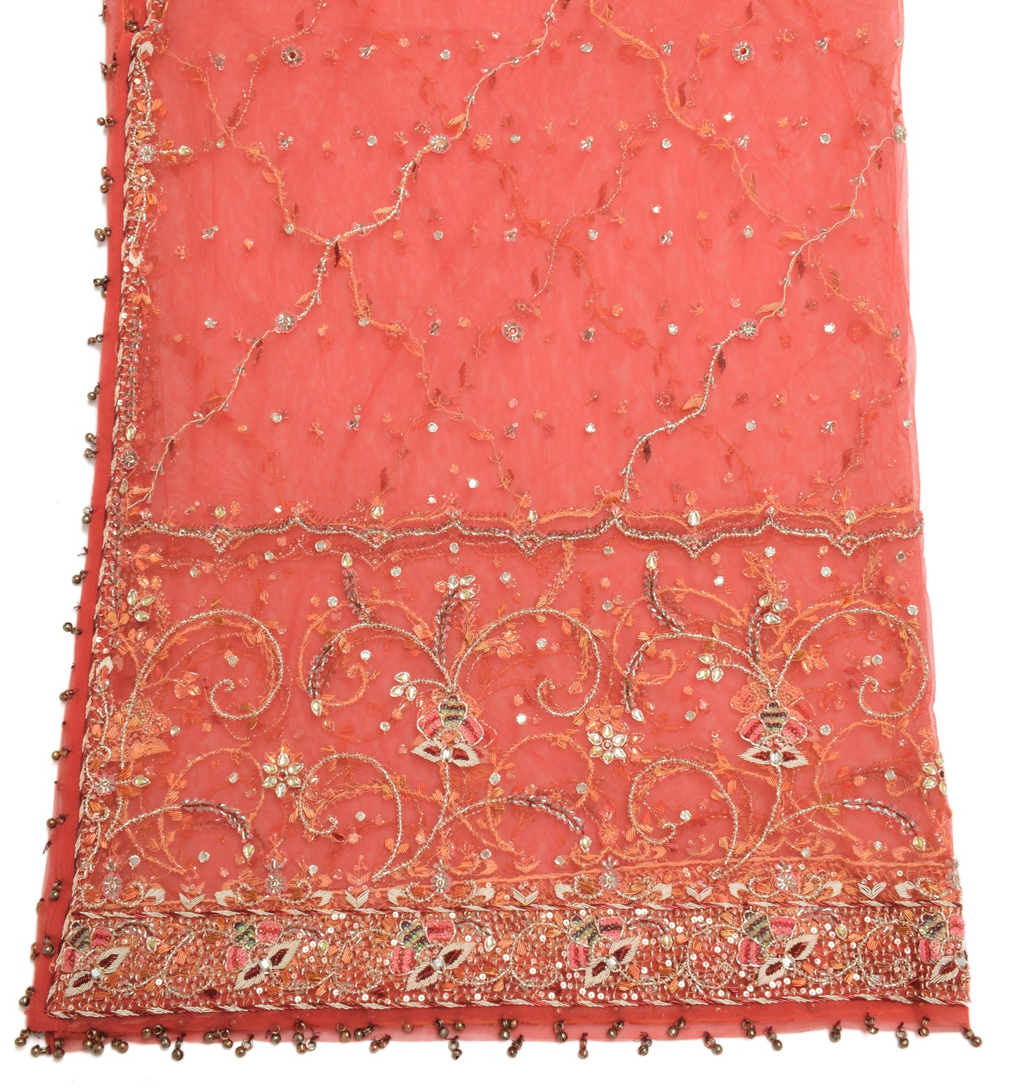 Sushila Vintage Orange Dupatta Net Mesh Hand Beaded Floral Long Stole Scarves