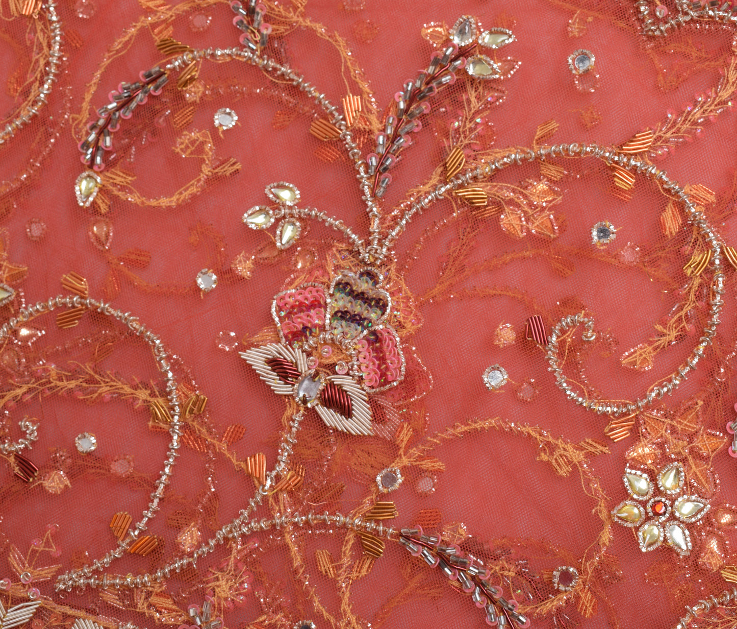 Sushila Vintage Orange Dupatta Net Mesh Hand Beaded Floral Long Stole Scarves