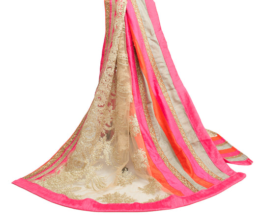 Sushila Vintage Cream Dupatta Net Mesh Hand Beaded Floral Long Stole Scarves