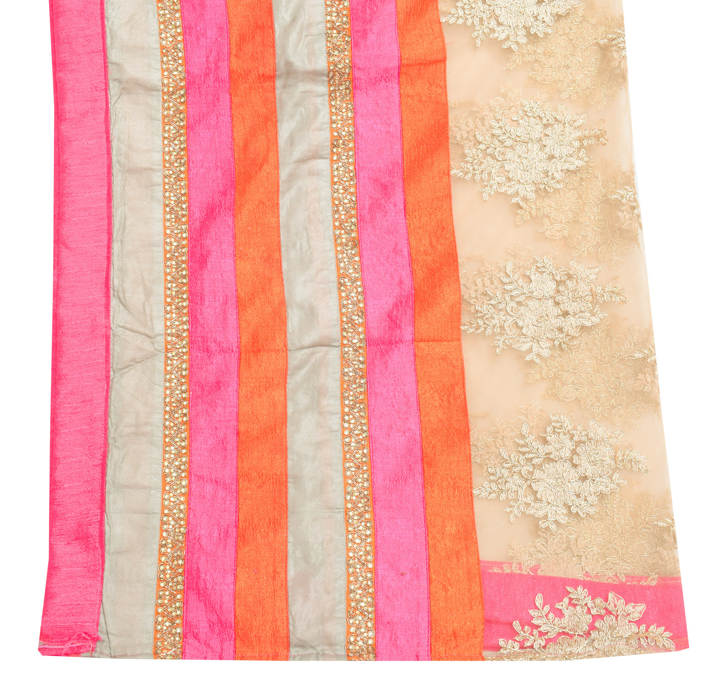Sushila Vintage Cream Dupatta Net Mesh Hand Beaded Floral Long Stole Scarves