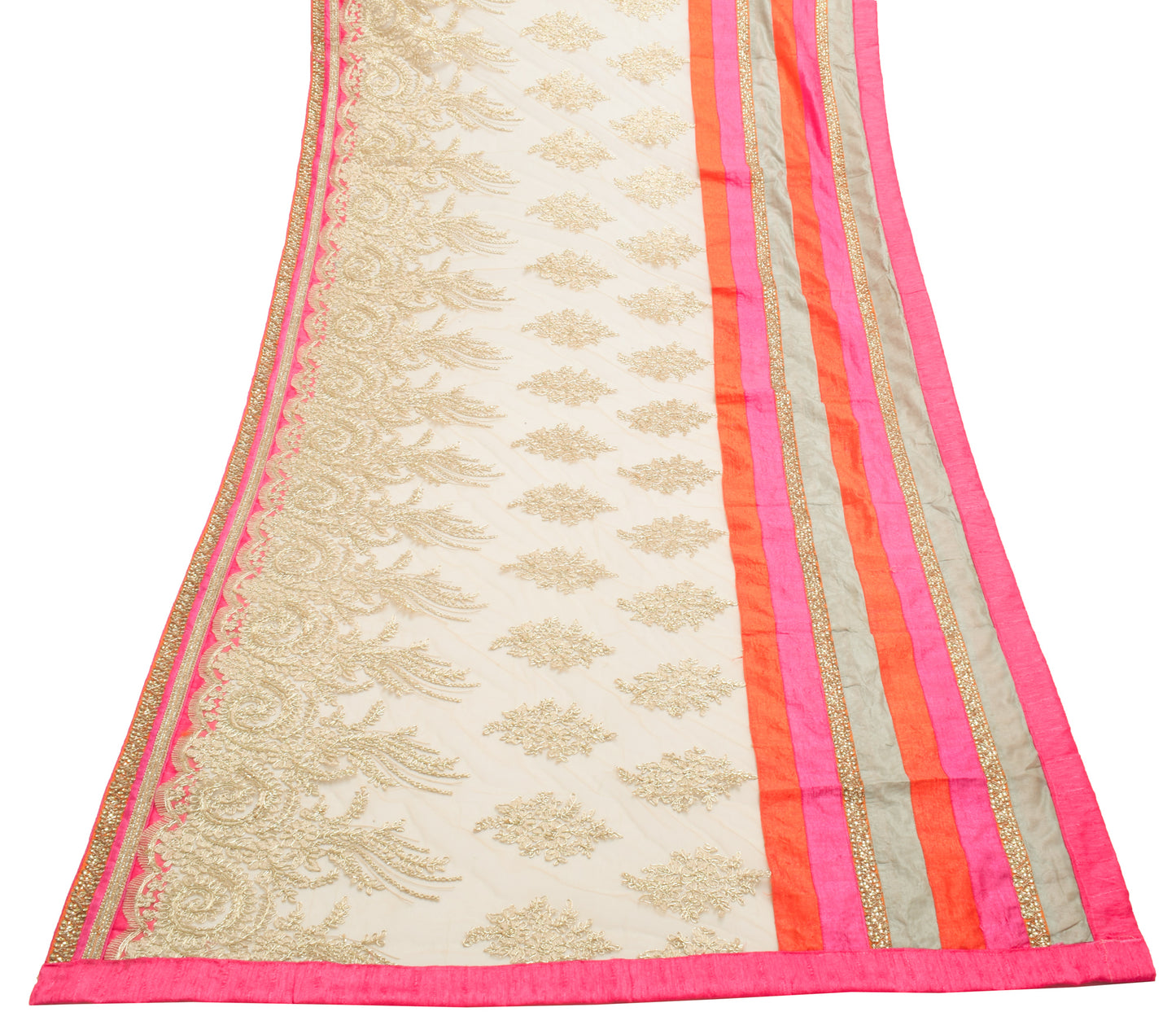 Sushila Vintage Cream Dupatta Net Mesh Hand Beaded Floral Long Stole Scarves