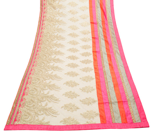 Sushila Vintage Cream Dupatta Net Mesh Hand Beaded Floral Long Stole Scarves