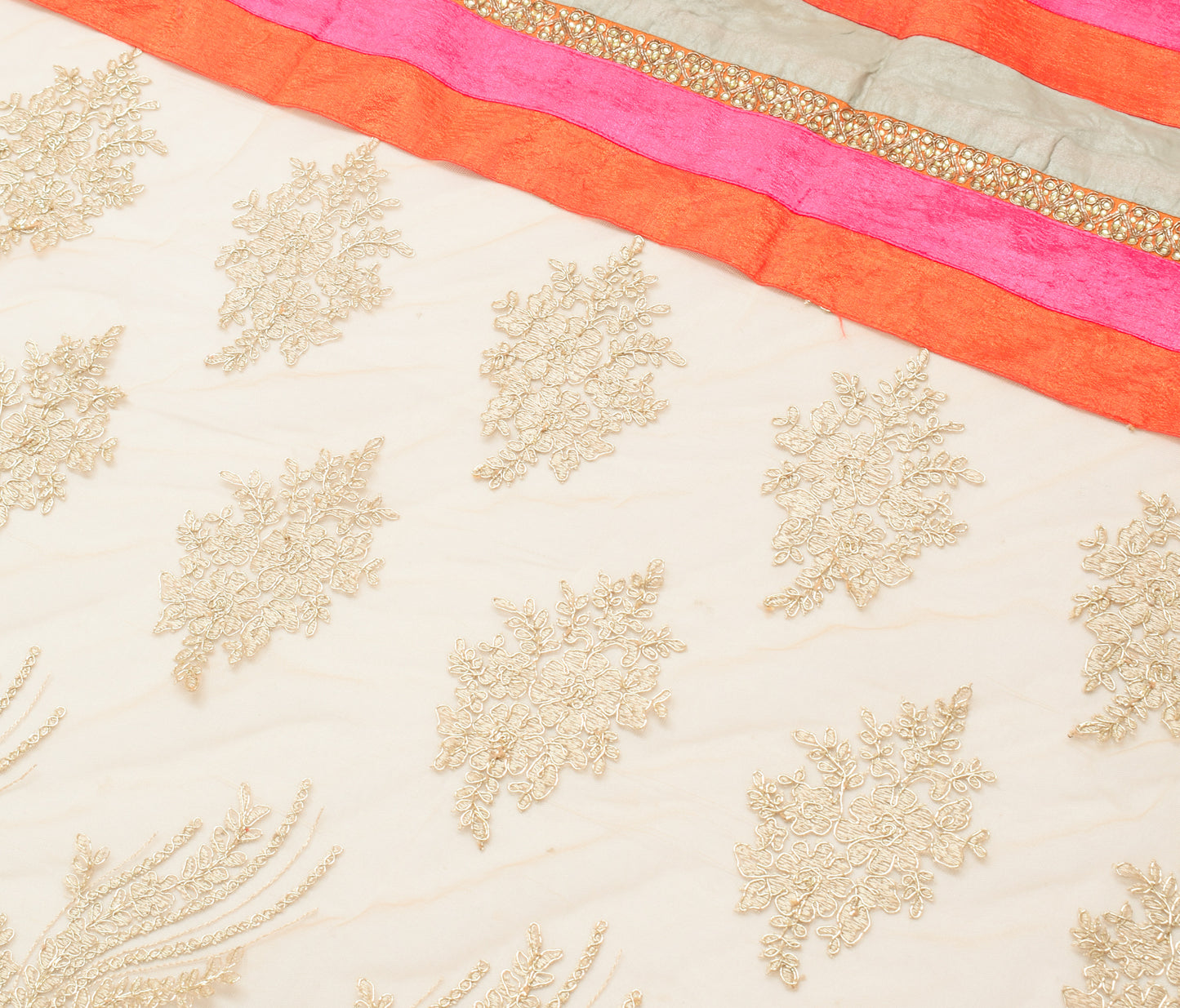 Sushila Vintage Cream Dupatta Net Mesh Hand Beaded Floral Long Stole Scarves