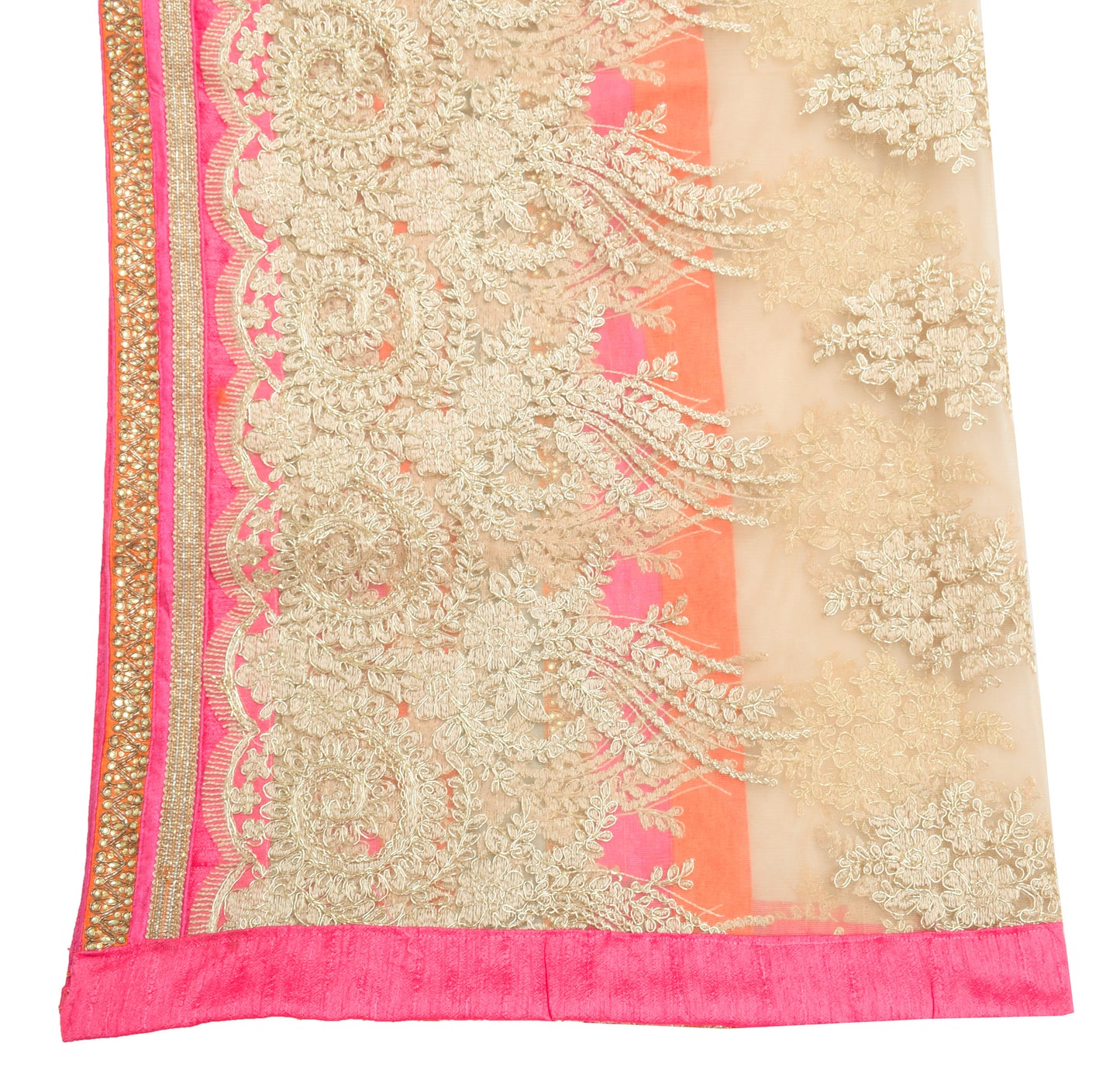 Sushila Vintage Cream Dupatta Net Mesh Hand Beaded Floral Long Stole Scarves