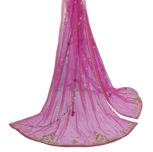 Sushila Vintage Indian Dupatta Net Mesh Hand Beaded Floral Long Stole Veil Wrap