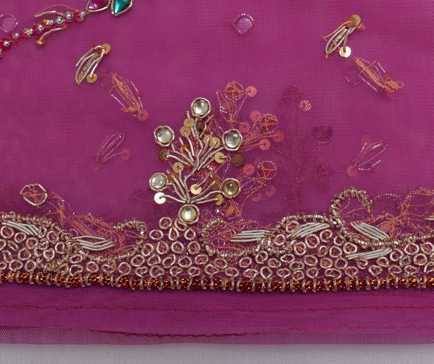 Sushila Vintage Indian Dupatta Net Mesh Hand Beaded Floral Long Stole Veil Wrap