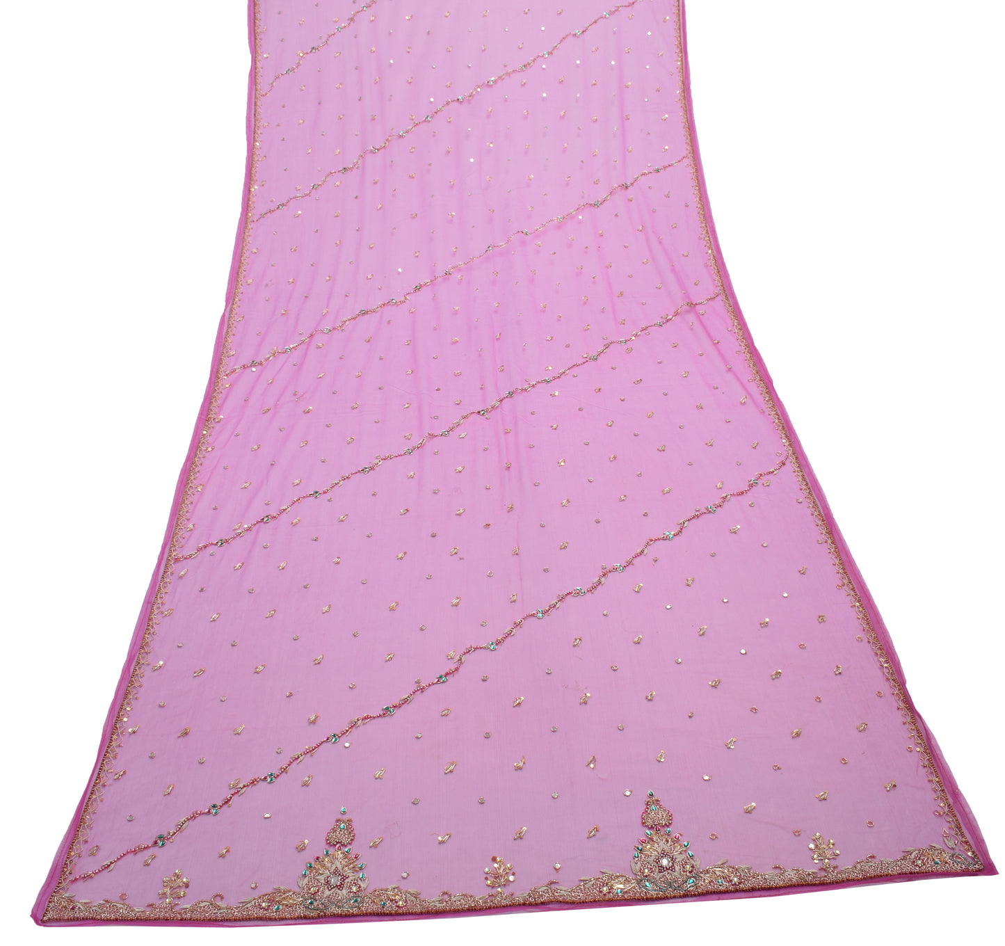 Sushila Vintage Indian Dupatta Net Mesh Hand Beaded Floral Long Stole Veil Wrap