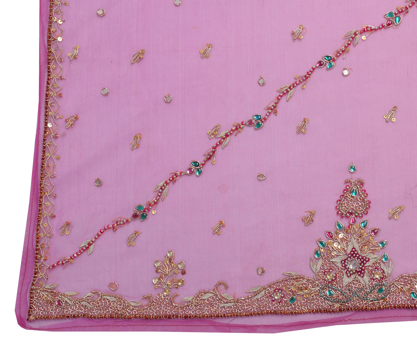 Sushila Vintage Indian Dupatta Net Mesh Hand Beaded Floral Long Stole Veil Wrap