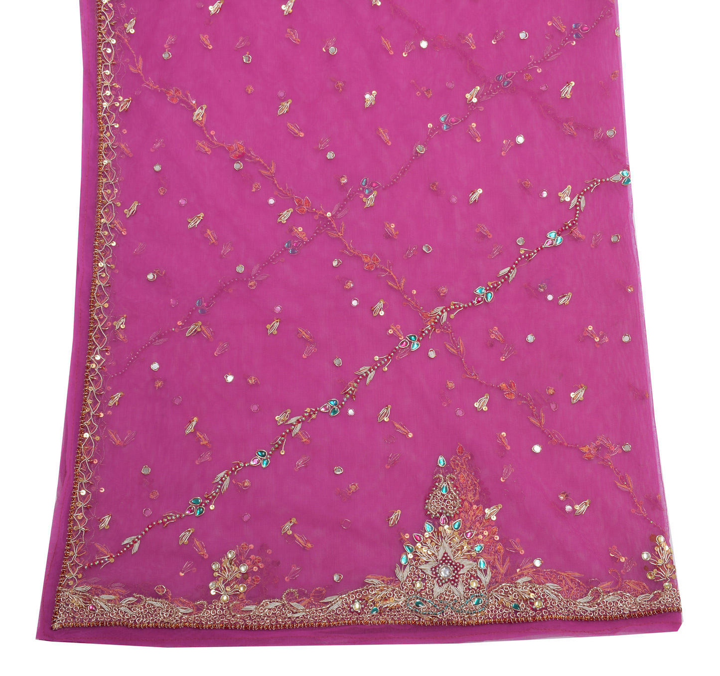 Sushila Vintage Indian Dupatta Net Mesh Hand Beaded Floral Long Stole Veil Wrap