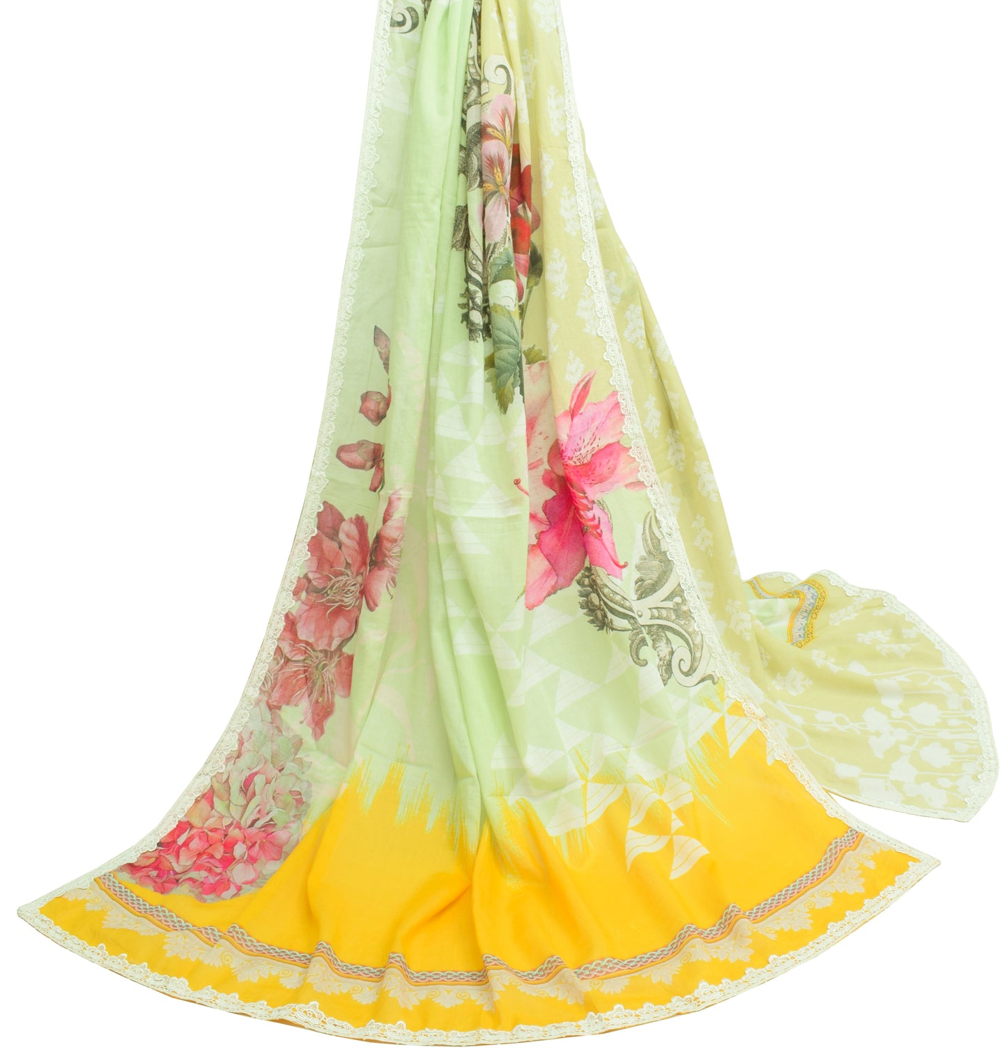 Sushila Vintage Green Dupatta 100% Pure Cotton Printed Floral Long Stole Scarves