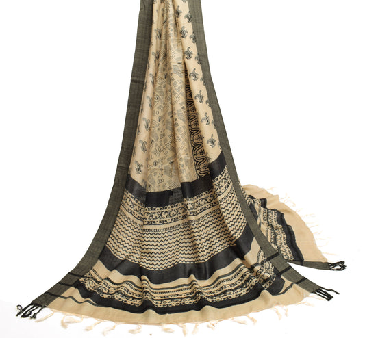 Sushila Vintage Cream Indian Dupatta 100% Pure Woolen Woven Paisley Long Stole