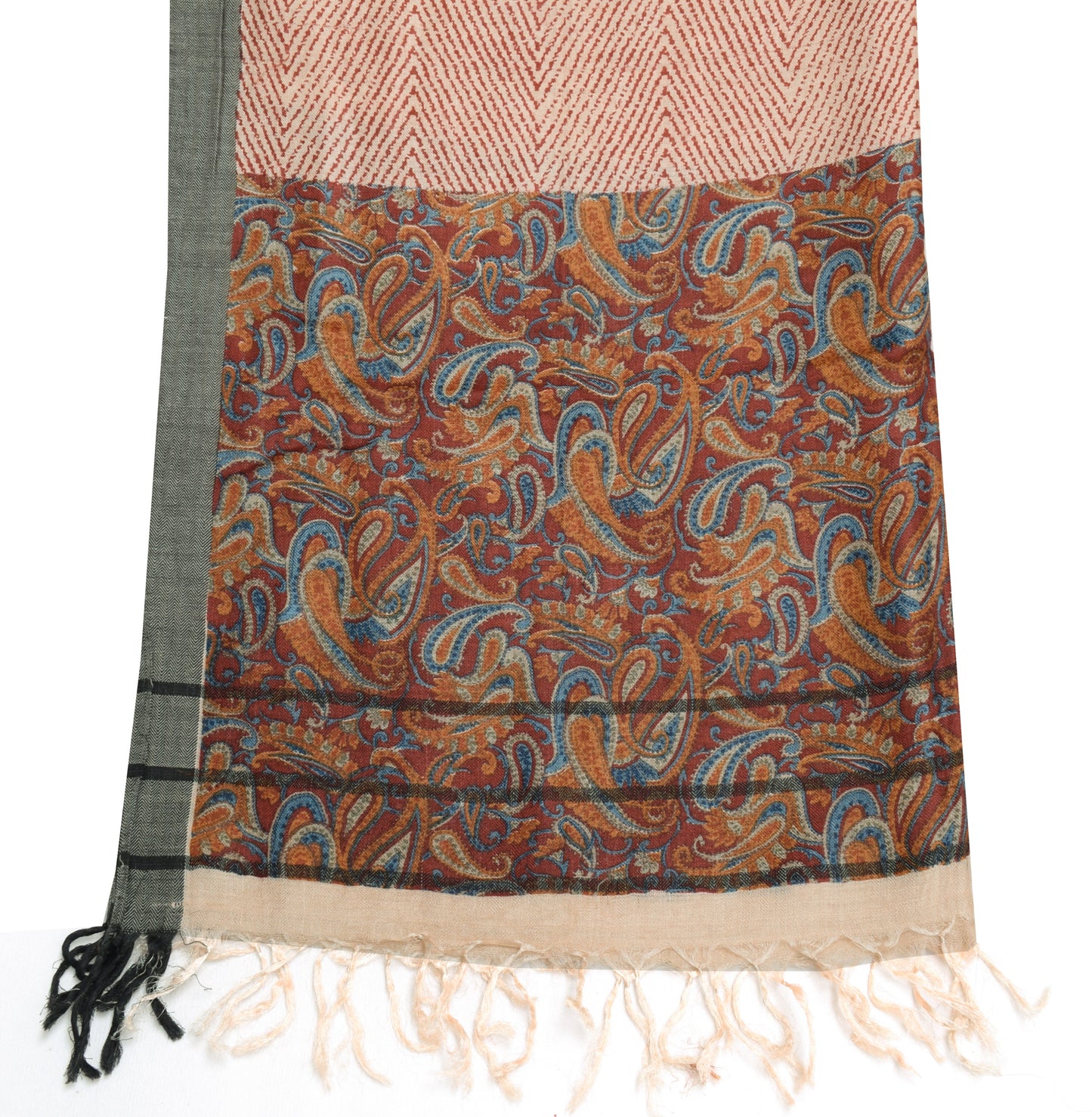 Sushila Vintage Cream Dupatta 100% Pure Woolen Woven Zig-Zag Long Stole Scarves