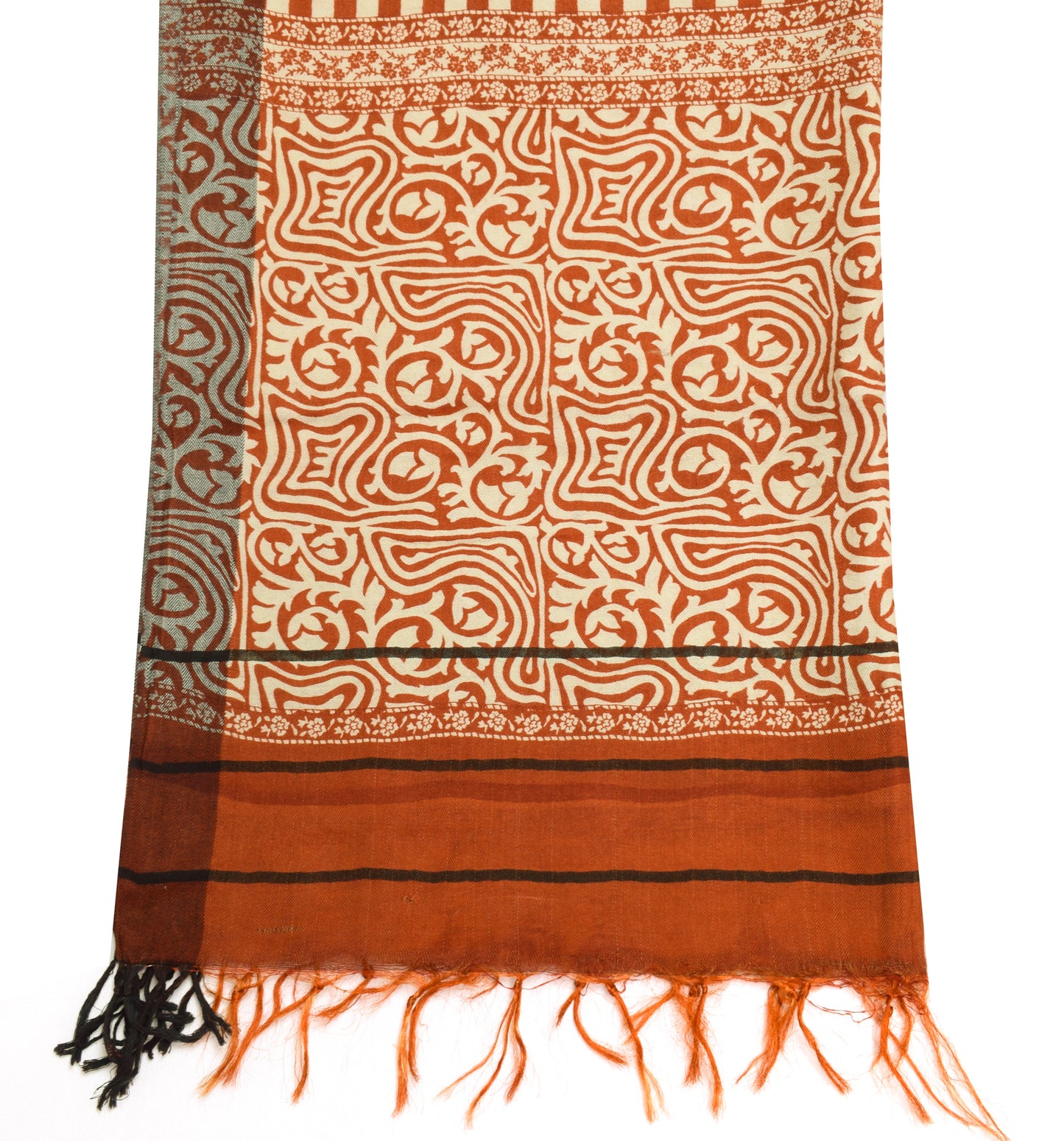 Sushila Vintage Cream & Rust Dupatta Blend Woolen Woven Checks Long Stole Wrap